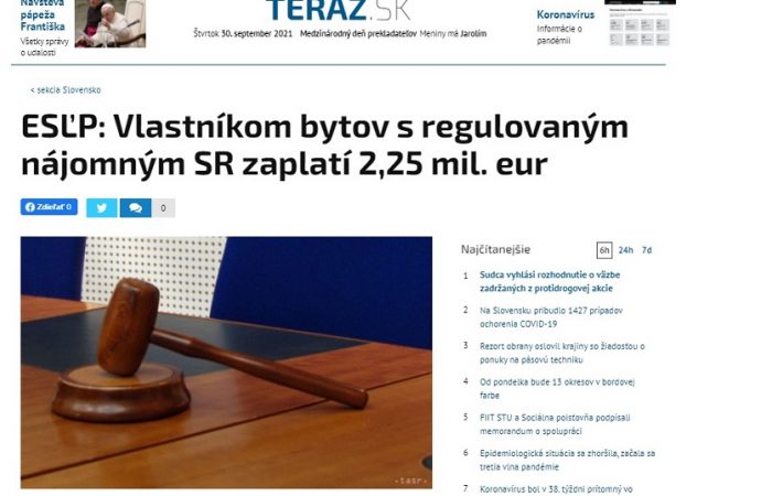 11ESĽP: Vlastníkom bytov s regulovaným nájomným SR zaplatí 2,25 milióna eur