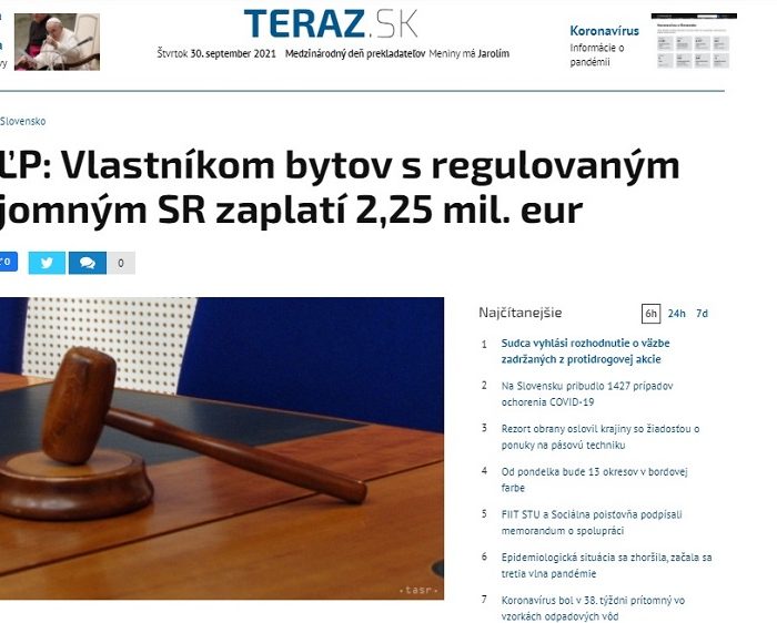 11ESĽP: Vlastníkom bytov s regulovaným nájomným SR zaplatí 2,25 milióna eur